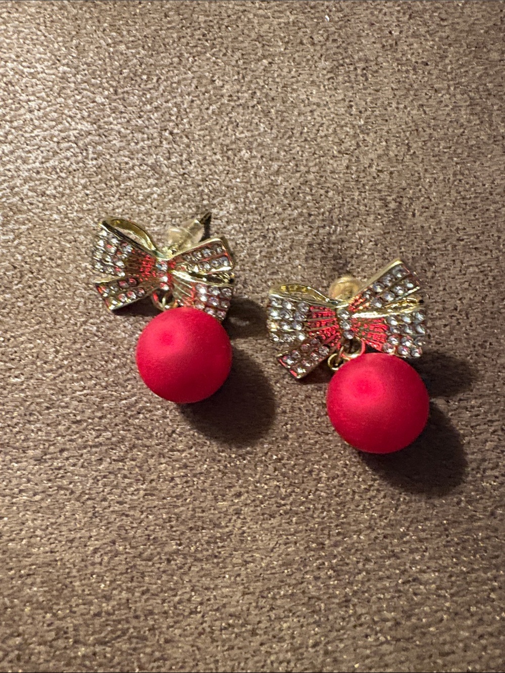 Perfect for the Holidays!  Gold Crystal Bow Earrings with Red Drop Beads